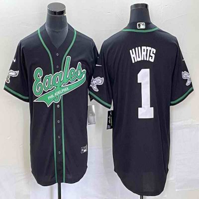 Men's Philadelphia Eagles #1 Jalen Hurts Black Cool Base Stitched Baseball Jersey