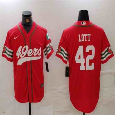 Men's San Francisco 49ers #42 Ronnie Lott Red With Patch Cool Base Stitched Baseball Jersey