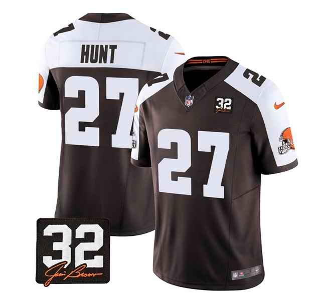 Men's Cleveland Browns #27 Kareem Hunt Brown/White 2023 F.U.S.E. With Jim Brown Memorial Patch Vapor Untouchable Limited Stitched Jersey