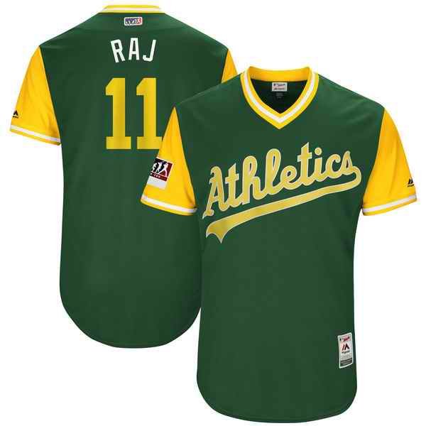 Men's Oakland Athletics #11 Rajai Davis Raj Majestic Green/Yellow 2018 Players' Weekend Authentic Stitched MLB Jersey