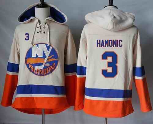 Islanders #3 Travis Hamonic Cream Sawyer Hooded Sweatshirt Stitched NHL Jersey