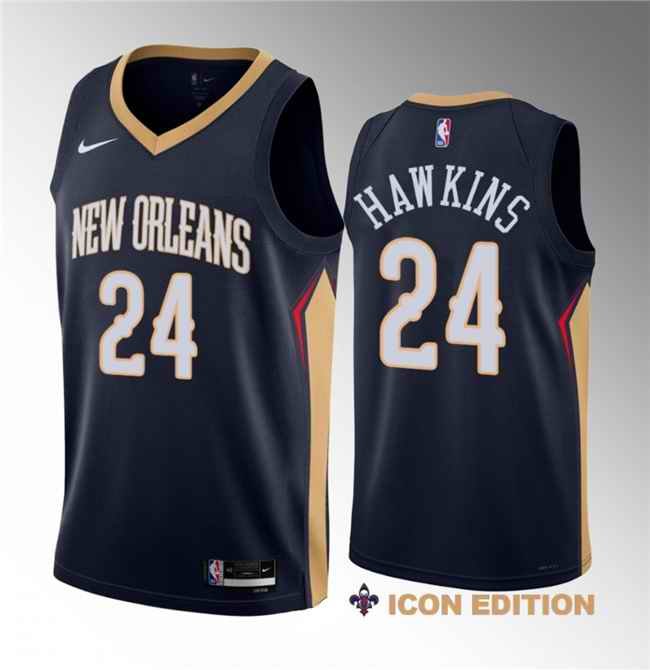 Men's New Orleans Pelicans #24 Jordan Hawkins Navy 2023 Draft Icon Edition Stitched Basketball Jersey