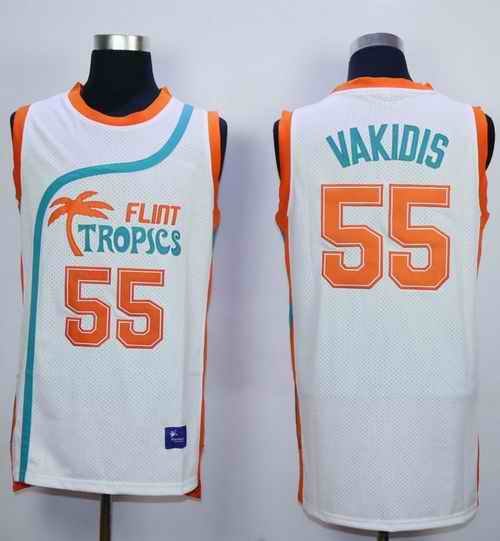 Flint Tropics #55 Vakidis White Semi-Pro Movie Stitched Basketball Jersey