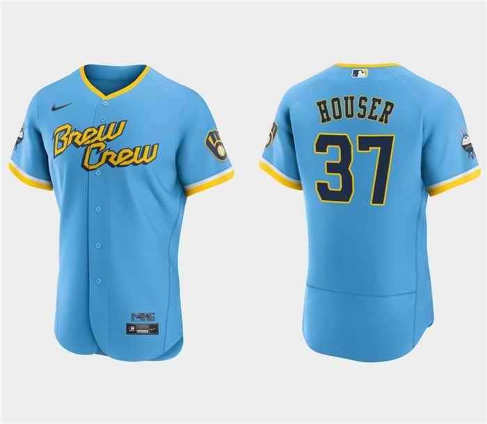 Men's Milwaukee Brewers #37 Adrian Houser Powder Blue 2022 City Connect Flex Base Stitched MLB Jersey