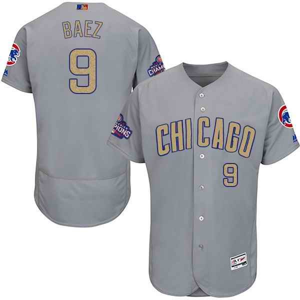 Men's Chicago Cubs #9 Javier Baez Gray World Series Champions Gold Program Flexbase Stitched MLB Jersey