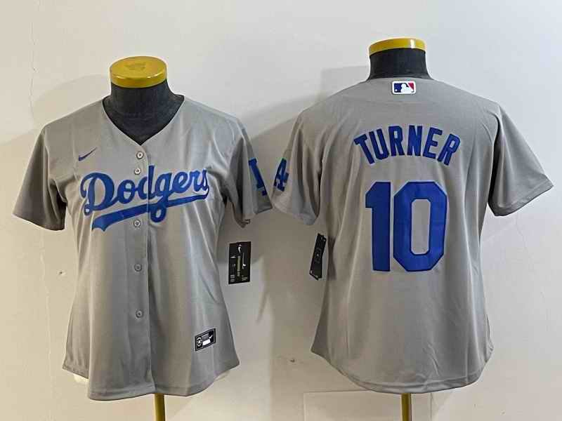 Women's Los Angeles Dodgers #10 Justin Turner Grey Stitched Jersey(Run Small)