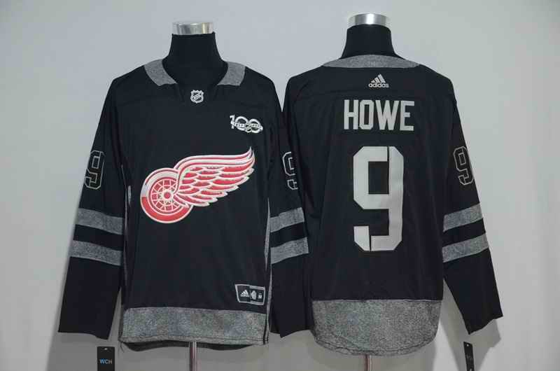 Detroit Red Wings #9 Gordie Howe Black Men's 1917-2017 100th  Anniversary   Stitched NHL Jersey