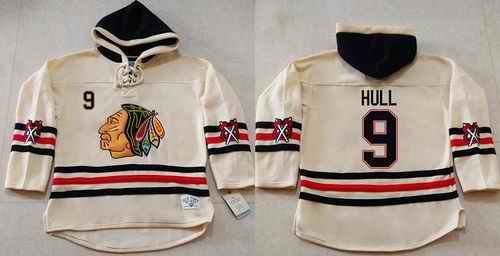 Blackhawks #9 Bobby Hull Cream Heavyweight Pullover Hoodie Stitched NHL Jersey