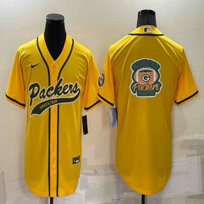 Men's Green Bay Packers Yellow Team Big Logo With Patch Cool Base Stitched Baseball Jersey