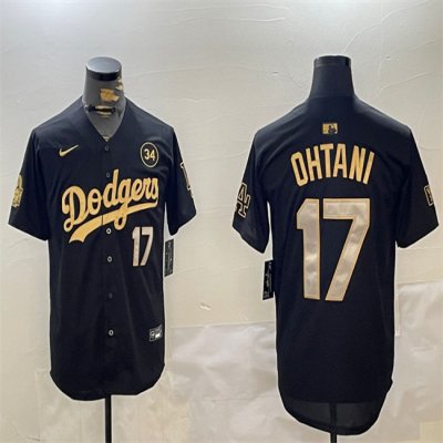 Men's Los Angeles Dodgers #17 Shohei Ohtani Black/Gold 2024 World Series With No. 34 Patch Limited Stitched Baseball Jersey