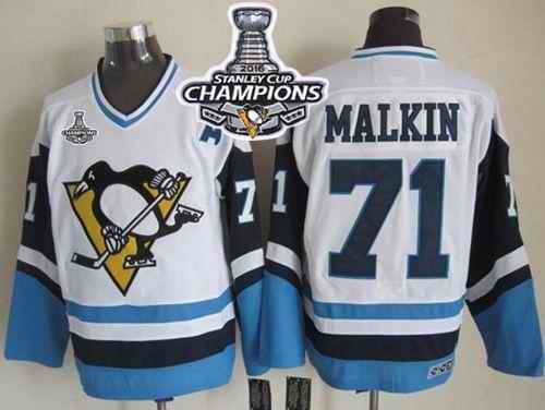 Penguins #71 Evgeni Malkin White/Blue CCM Throwback 2016 Stanley Cup Champions Stitched NHL Jersey