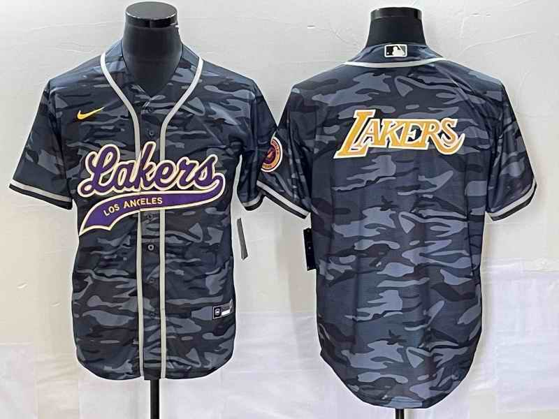 Men's Los Angeles Lakers Team Big Logo Grey Cool Base With Patch Stitched Baseball Jersey