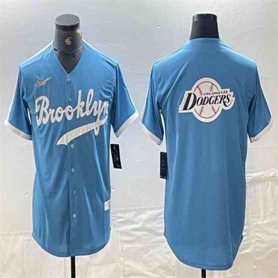 Men's Los Angeles Dodgers Team Big Logo Light Blue Throwback Cool Base Stitched Baseball Jersey