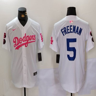 Men's Los Angeles Dodgers #5 Freddie Freeman White/Pink Vin & Kobe Patch Stitched Baseball Jersey