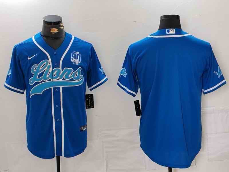 Men's Detroit Lions Blank Blue With 90th Anniversary Patch Cool Base Stitched Baseball Jersey