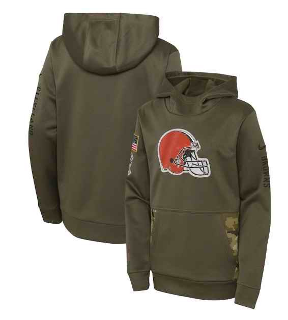 Youth Cleveland Browns 2022 Olive Salute to Service Therma Performance Pullover Hoodie