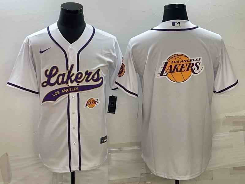 Men's Los Angeles Lakers White Team Big Logo With Patch Cool Base Stitched Baseball Jersey