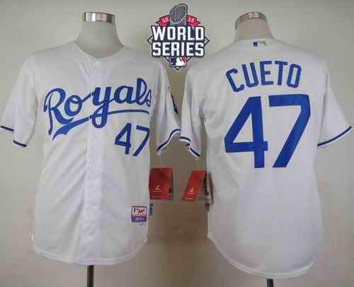 Royals #47 Johnny Cueto White Cool Base W/2015 World Series Patch Stitched MLB Jersey