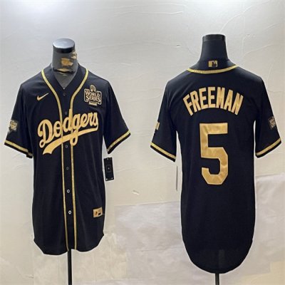 Men's Los Angeles Dodgers #5 Freddie Freeman Black/Gold 2024 World Series Patch And Champions Patch Cool Base Stitched Baseball Jersey