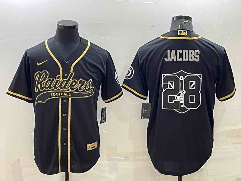 Men's Las Vegas Raiders #28 Josh Jacobs Black Gold Team Big Logo With Patch Cool Base Stitched Baseball Jersey