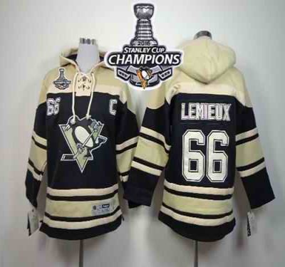 Penguins #66 Mario Lemieux Black Sawyer Hooded Sweatshirt 2016 Stanley Cup Champions Stitched Youth NHL Jersey