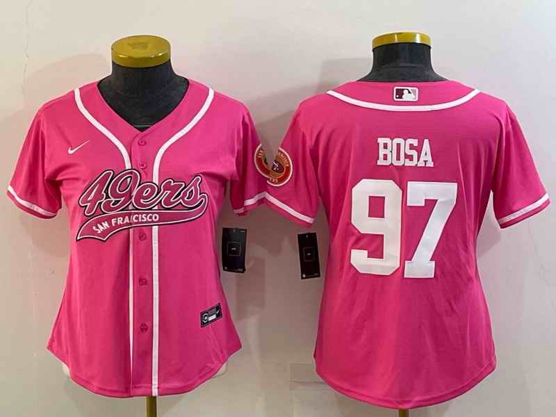 Women's San Francisco 49ers #97 Nick Bosa Pink With Patch Cool Base Stitched Baseball Jersey(Run Small)