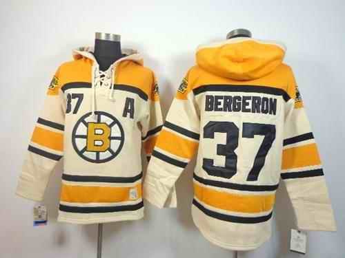 Bruins #37 Patrice Bergeron Cream Sawyer Hooded Sweatshirt Stitched NHL Jersey