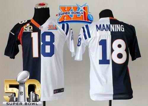 Nike Colts #18 Peyton Manning Blue/White Super Bowl XLI & Super Bowl 50 Youth Stitched NFL Elite Split Broncos Jersey