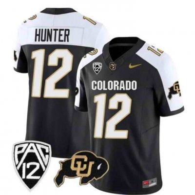 Men's Colorado Buffaloes #12 Travis Hunter Black/White 2023 F.U.S.E. With PAC-12 Patch Stitched Football Jersey