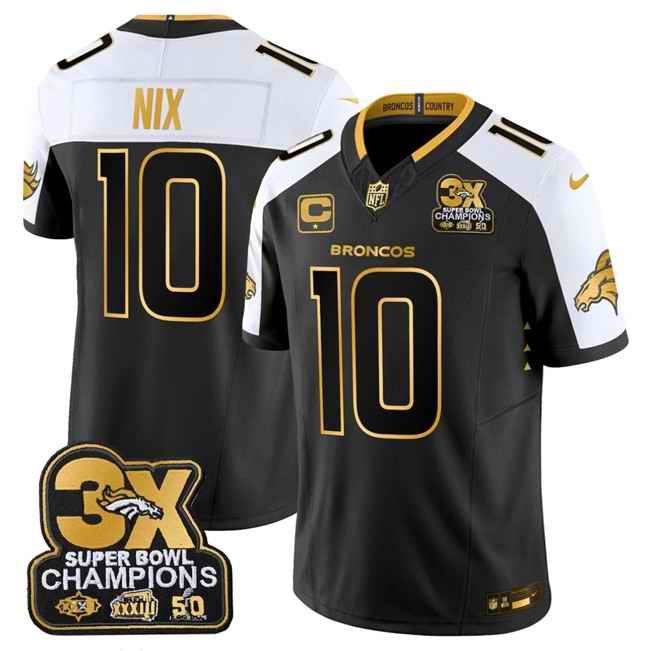 Men's Denver Broncos #10 Bo Nix Black/Gold 2024 F.U.S.E. With 3-Time Champions Patch And 1-star C Patch Vapor Limited Stitched Football Jersey