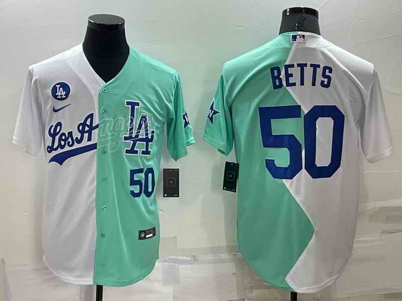 Men's Los Angeles Dodgers #50 Mookie Betts 2022 All-Star White/Green Cool Base Stitched Baseball Jersey