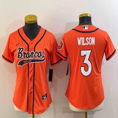 Women's Denver Broncos #3 Russell Wilson Orange With Patch Cool Base Stitched Baseball Jersey(Run Small)