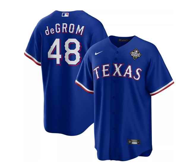 Men's Texas Rangers #48 Jacob deGrom Royal 2023 World Series Cool Base Stitched Baseball Jersey