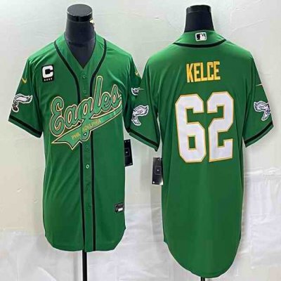 Men's Philadelphia Eagles #62 Jason Kelce Green Gold With 4-star C Patch Cool Base Stitched Baseball Jersey