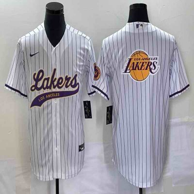 Men's Los Angeles Lakers White Team Big Logo Cool Base With Patch Stitched Baseball Jersey