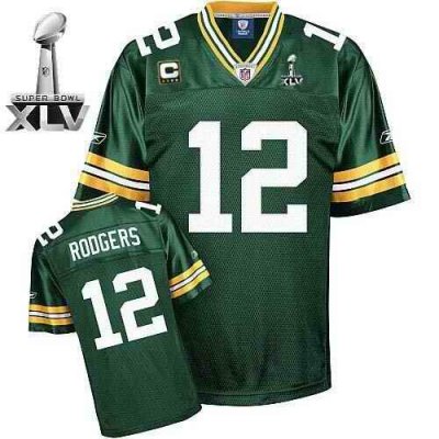 Men's Green Bay Packers #12 Aaron Rodgers Green With Super Bowl XLV And C Patch Stitched Football Jersey