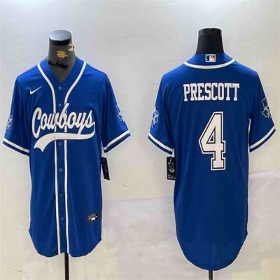 Men's Dallas Cowboys #4 Dak Prescott Royal With Patch Cool Base Stitched Baseball Jersey