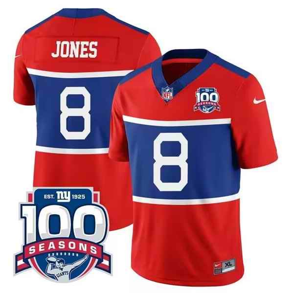 Men's New York Giants #8 Daniel Jones Century Red F.U.S.E. 100TH Season Commemorative Patch Limited Stitched Football Jersey