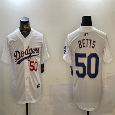 Men's Los Angeles Dodgers #50 Mookie Betts White Gold Home Limited Stitched Baseball Jersey