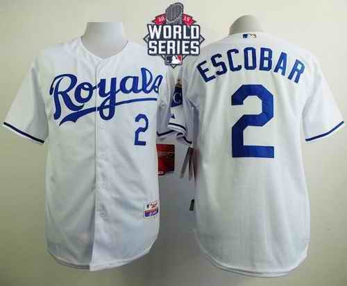 Royals #2 Alcides Escobar White Cool Base W/2015 World Series Patch Stitched MLB Jersey