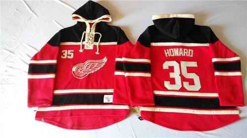 Red Wings #35 Jimmy Howard Red Sawyer Hooded Sweatshirt Stitched NHL Jersey