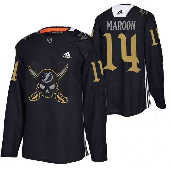 Men's Tampa Bay Lightning #14 Pat Maroon Black Gasparilla inspired Pirate-themed Warmup Stitched Jersy