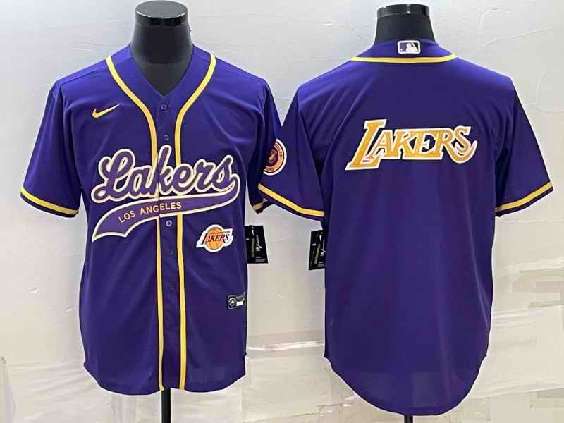 Men's Los Angeles Lakers Purple Big Logo With Patch Cool Base Stitched Baseball Jersey