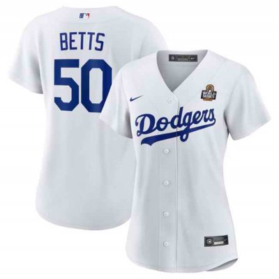 Women's Los Angeles Dodgers #50 Mookie Betts White 2024 World Series Cool Base Stitched Baseball Jersey(Run Small)