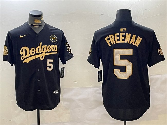 Men's Los Angeles Dodgers #5 Freddie Freeman Black/Gold 2024 World Series With No. 34 Patch Limited Stitched Baseball Jersey