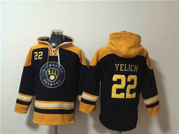 Men's Milwaukee Brewers #22 Christian Yelich Black/Gold Ageless Must-Have Lace-Up Pullover Hoodie