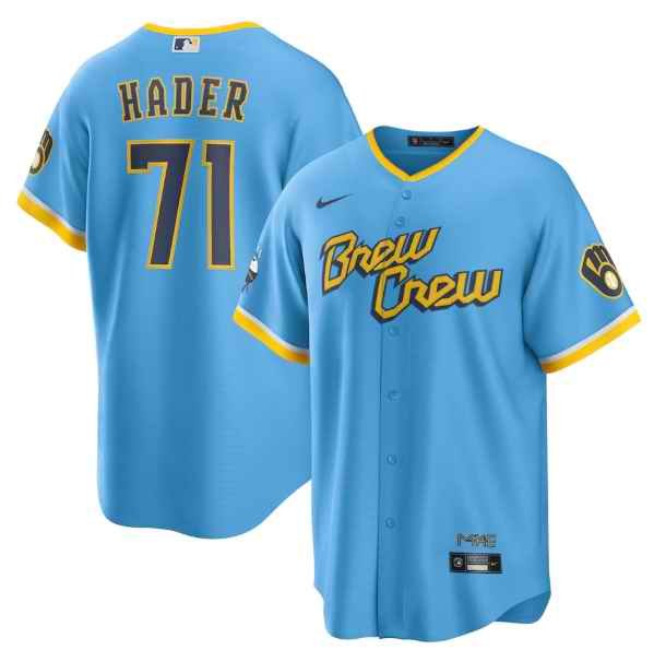 Men's Milwaukee Brewers #71  Josh Hader 2022 Powder Blue City Connect Cool Base Stitched Jersey