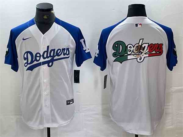 Men's Los Angeles Dodgers Team Big Logo White/Blue Vin Patch Cool Base Stitched Baseball Jersey