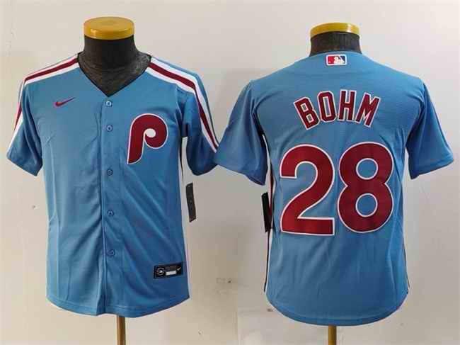 Youth Philadelphia Phillies #28 Alec Bohm Blue Cool Base Stitched Baseball Jersey