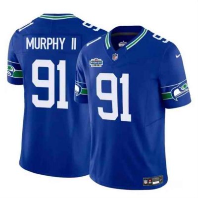 Men's Seattle Seahawks #91 Byron Murphy II Royal 2024 With Dradt Patch F.U.S.E Throwback Vapor Limited Stitched Football Jersey